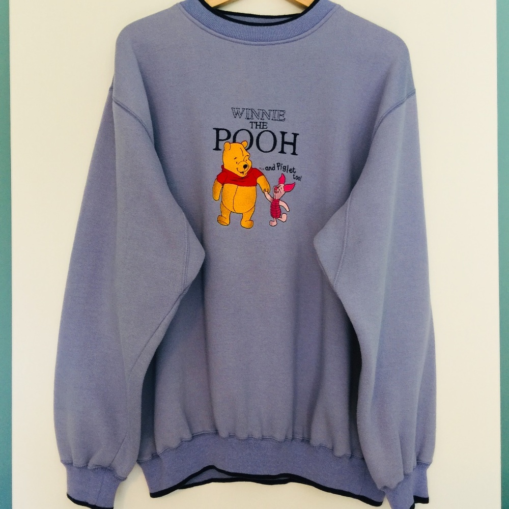Vtg Disney Pooh Sweatshirt Blue w Navy Trim XL